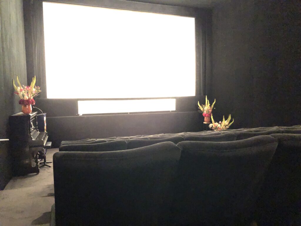 Der Blick auf die weisse Leinwand von der Saalmitte aus.